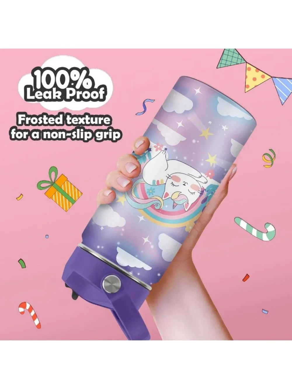 Cute Cat Water Bottle for Kids - 16oz Insulated Tumbler with Straw Lid, Rainbow